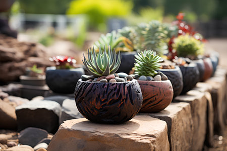 Miniature succulent plants in black pots on a wooden background.の素材
