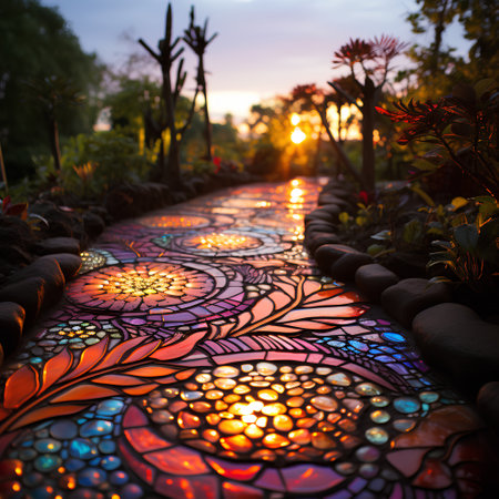 Stained glass walkway in the garden at sunset, Thailand.の素材