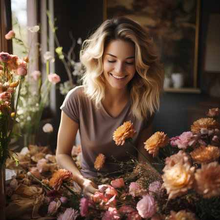 Beautiful young woman florist making bouquet in flower shopの素材