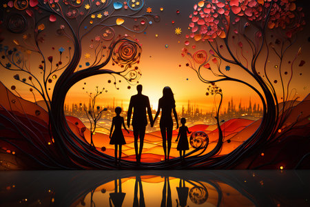 Happy family on the background of a beautiful landscape. Vector illustration.の素材