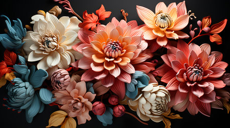 Seamless floral pattern with colorful dahlias on black backgroundの素材