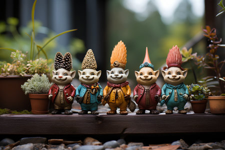 Ceramic figurines of garden gnomes in various poses.の素材