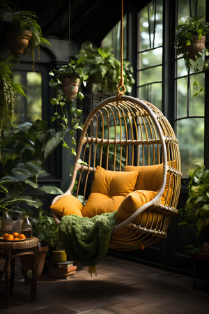 Relaxing in a wicker chair in a cozy garden.の素材