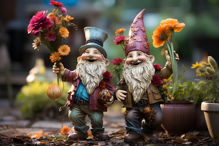 Garden gnomes with flowers in the garden. 3d rendering.の素材