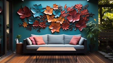 3d render of a modern living room with a sofa and flowers.の素材