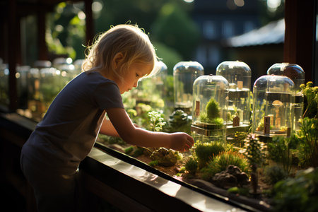 Cute little toddler boy, playing with miniature garden at home. Childhood and leisure conceptの素材