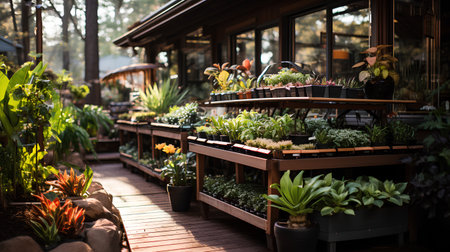 Plants in flower pots on the terrace of a flower shopの素材
