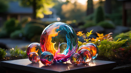 Easter eggs in the garden at sunset. Happy Easter concept.の素材
