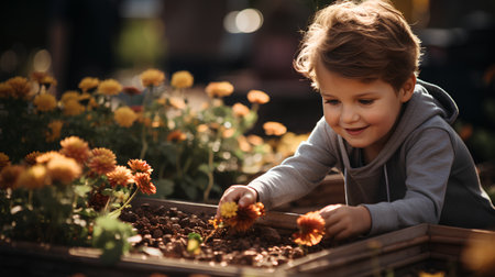Cute little boy is planting flowers in the garden at sunset.の素材
