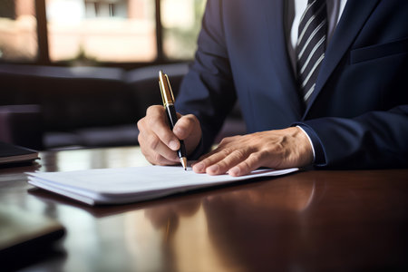 Close up of businessman signing a contract at office. Business concept.の素材