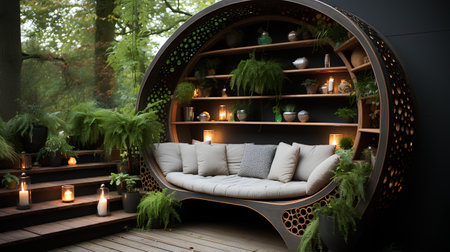 Interior of a cozy terrace in the garden. 3D renderingの素材