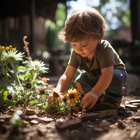 Cute little boy planting flowers in the garden on a sunny dayの素材