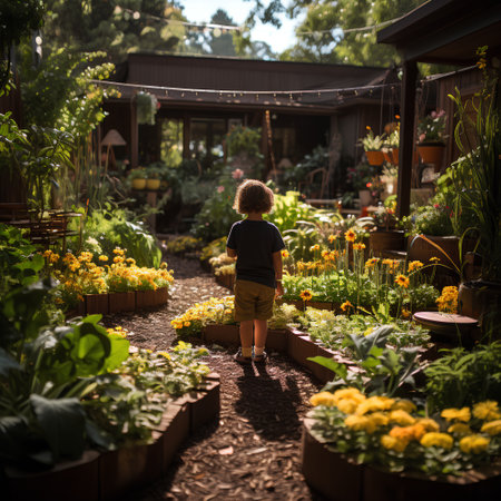 Little boy exploring a flower garden on a sunny summer day. Back view.の素材