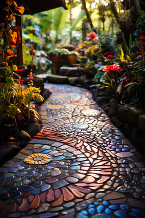 Colorful ceramic tile walkway in the garden with natural light.の素材