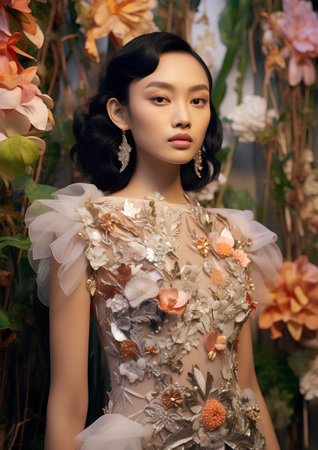 Beautiful young asian woman with flowers in her hair. Beauty, fashion.の素材