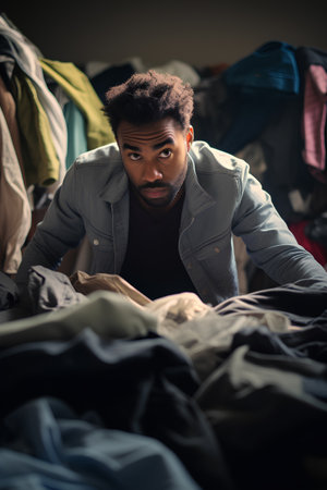 Young african american man looking at camera while sitting on bed in messy roomの素材