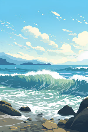 Beautiful seascape with waves and blue sky. Vector illustrationの素材