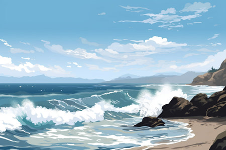 Seascape with sea waves and blue sky. Vector illustration.の素材