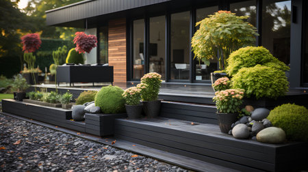Beautiful landscaped garden in the yard of a modern house.の素材