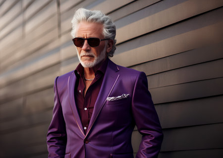 Portrait of a handsome senior man with grey hair wearing a purple suit and sunglasses.の素材