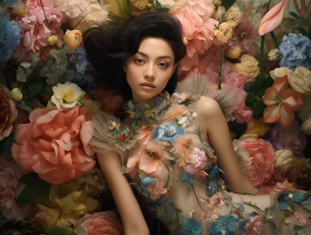 Beautiful young woman with flowers in a studio. Beauty, fashion.の素材
