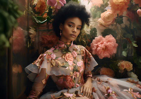 Beautiful african american woman with afro hairstyle posing in flowers. Fashion shot.の素材