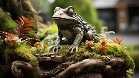 Frog statue in the garden. Decorated with moss.の素材