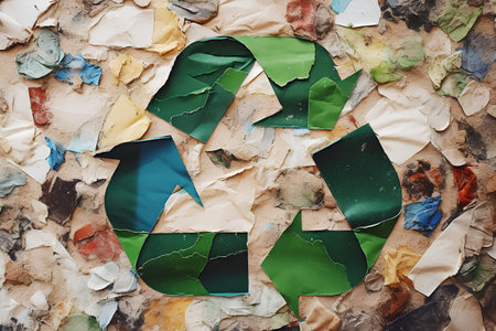 Recycling symbol on torn paper background. Recycling conceptの素材