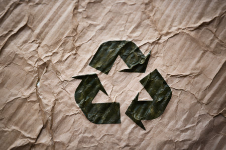 Recycling symbol on crumpled paper background. Recycling concept.の素材