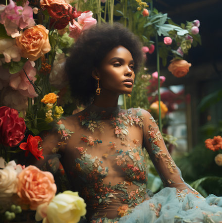 Beautiful african american woman with afro hairstyle posing among flowersの素材