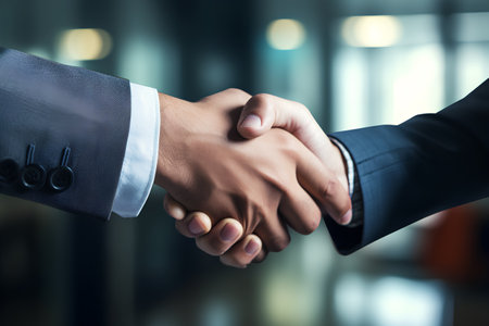 Close-up image of business people shaking hands over blurred office backgroundの素材