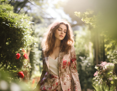 Beautiful young woman in the park. Spring time. Fashion photoの素材