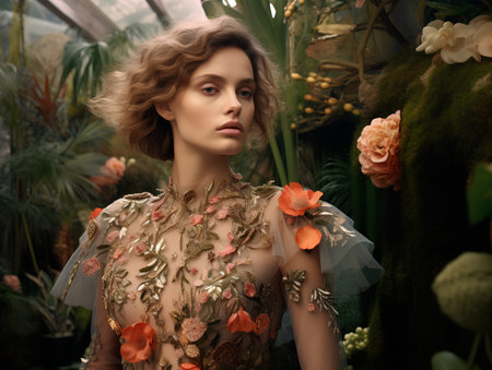 Beautiful young woman in a luxurious dress with flowers in her hands.の素材