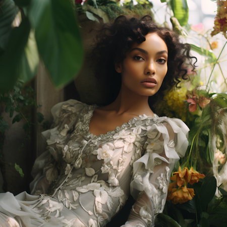 Beautiful african american woman in white dress posing with flowersの素材