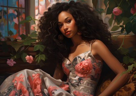 Beautiful african american woman with long curly hair sitting on a sofa in the roomの素材