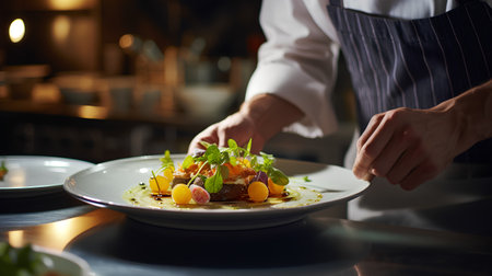 chef in a white apron decorates dish with apricotの素材