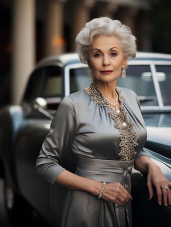 Elegant senior woman standing in front of a luxury car.の素材
