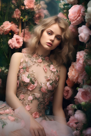Beautiful young woman in a rose garden. Beauty, fashion.の素材