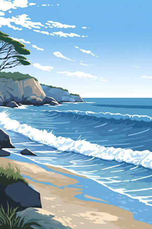 Seascape with sea waves and blue sky. Vector illustration.の素材