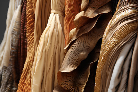 Variety of scarves and shawls on hangers in a shopの素材