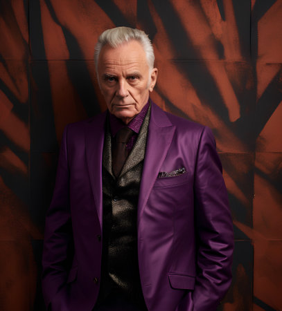 Portrait of a senior man in a purple suit. Studio shot.の素材