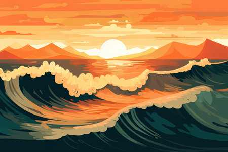 Seascape with waves and sunset. Vector illustration in cartoon styleの素材