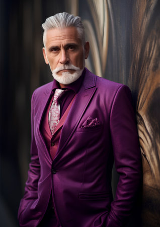 Portrait of a handsome senior man in a purple suit. Men's beauty, fashion.の素材