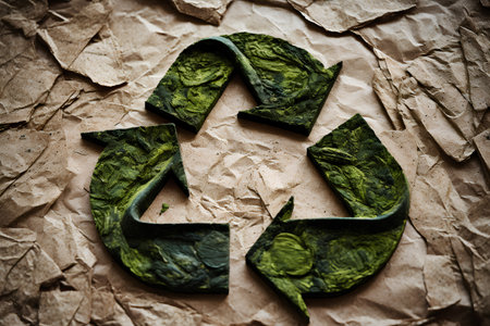 Recycling symbol made of green leaves on crumpled paperの素材