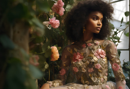 Beautiful african american woman with curly hair posing in floral dressの素材