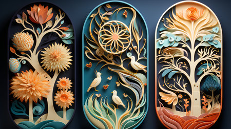 Set of colorful background with stylized trees, birds and flowers.の素材