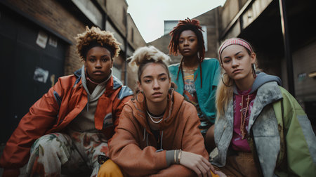 Group of young african american women with dreadlocks in the cityの素材