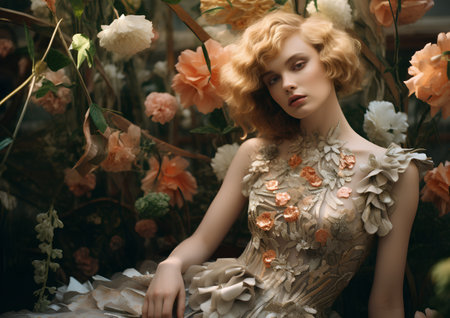 Beautiful young woman in a luxurious dress among the flowers. Fashion shot.の素材