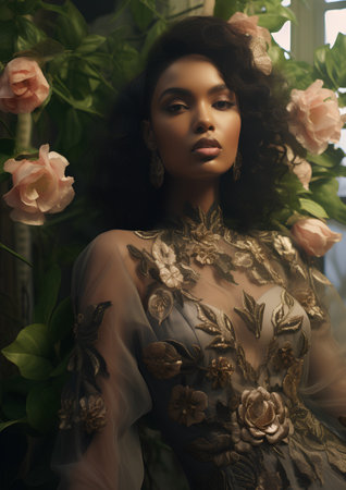 Beautiful african american woman with flowers in her hair. Beauty, fashion.の素材