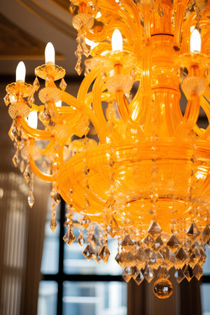 luxury crystal chandelier close-up in the interior of the roomの素材
